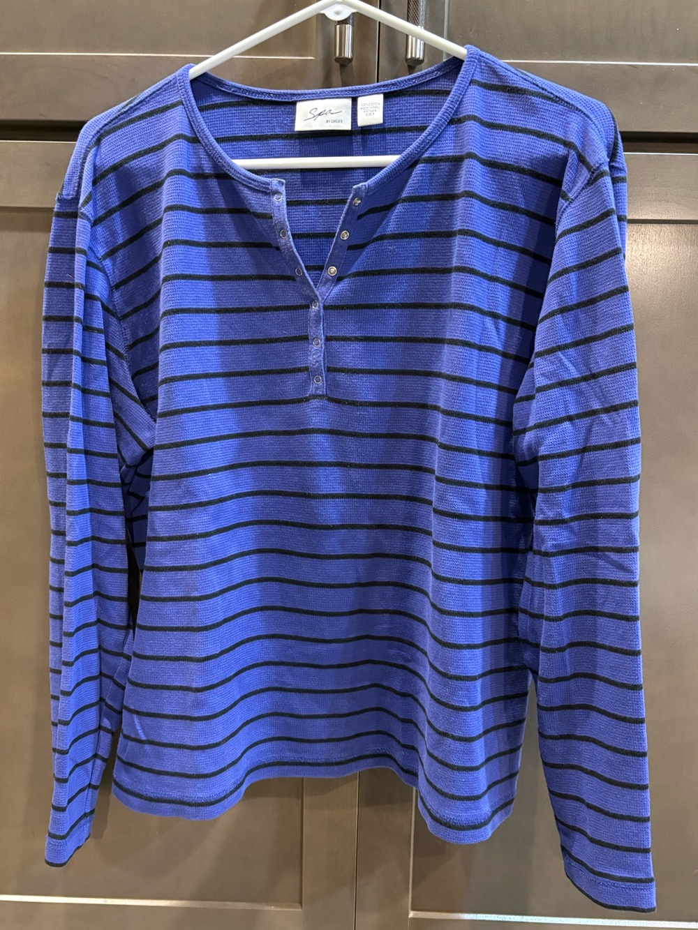 Chico’s Spa Blue & Black Long Sleeve Henley Tee Top, 3/16XL